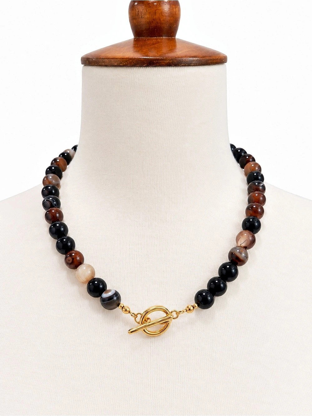 Glass Stone Beaded Gold Toggle Necklace in Black & Brown New Handcrafted